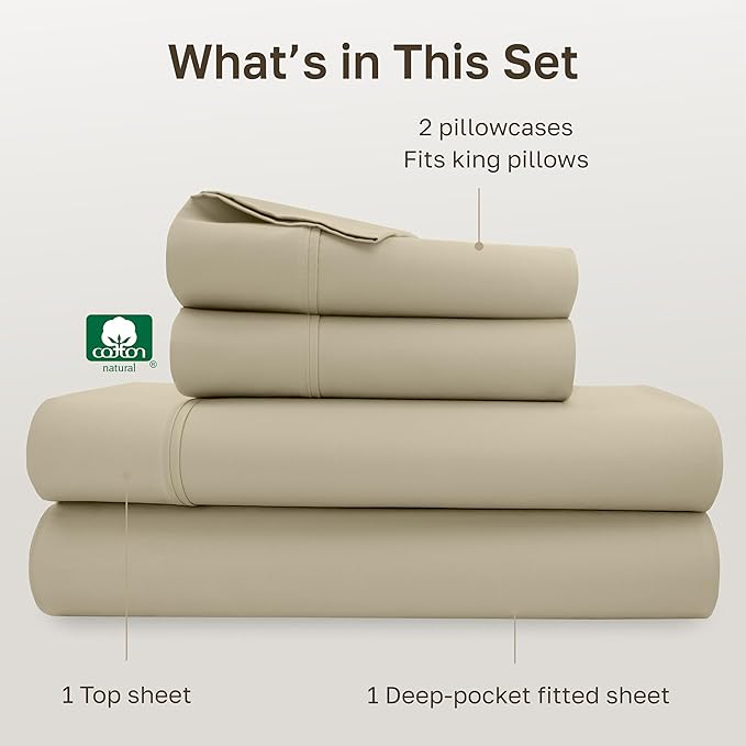 California Design Den Soft 100% Cotton Bed Sheets King Size Set, 400 TC Good Housekeeping Award Winner, Silky Smooth Sateen, Deep Pockets, Breathable & Durable King Bedding Set - Beige (Golden Tone)