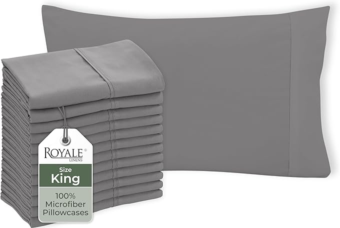 Royale Linens Grey Pillowcase Set of 12 - King 20"x40" Bed Pillow Cover - 1800 Brushed Microfiber - Wrinkle & Fade Resistant - Bulk Pillow Cases - Hotel Quality Pillowcase 12 Pack (King, Grey)