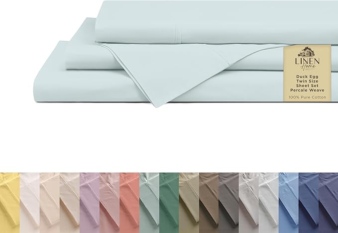 Linen Home 100% Cotton Percale Sheets Twin XL Size, Blue Duck Egg, Deep Pocket, 4 Pieces Set- 1 Flat, 1 Fitted and 2 Pillowcases, Crisp Cool and Long Staple Strong Bed Linen