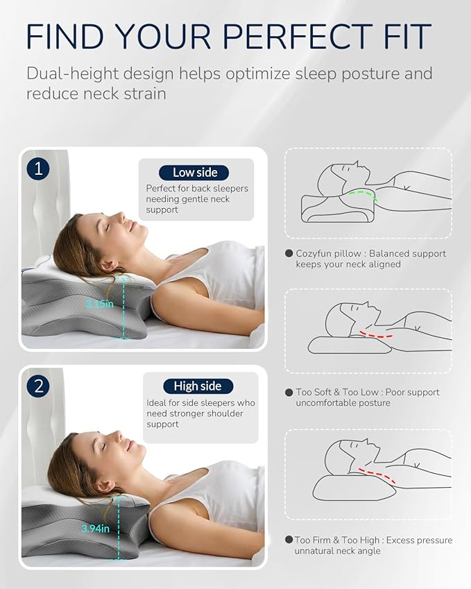 Cervical Neck Pillow for Side & Back Sleepers, Ergonomic Memory Foam Pillow for Sleep Apnea, Neck Pain Relief, Neck Support Pillow with Washable Pillowcase, Supportive Bed Pillow for Neck