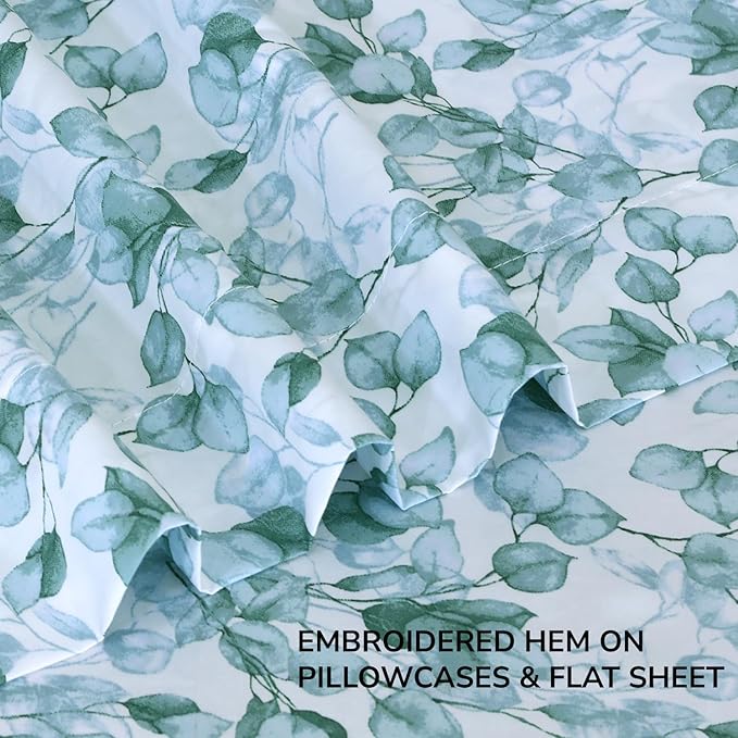 Feather & Stitch Printed 500 TC California King Size 4pc Damask Bed Sheet Set, 100% Soft Cotton Breathable Bedsheets, 18" Deep Pockets Sateen Weave Striped Bedding Mattress - Green Leaf