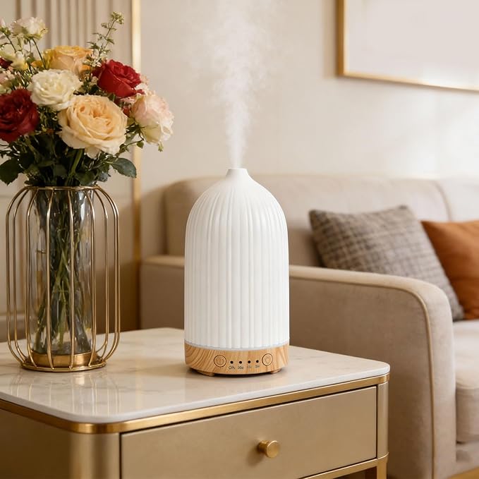 Haofy 200ML Essential Oil Diffuser Quiet Ultrasonic Aromatherapy Diffuser with Wood Grain Base 7 Color LED Lights Auto Shut Off for Bedroom Home Office Yoga Studio