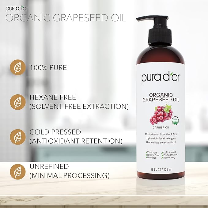 PURA D'OR ORGANIC Grapeseed Oil (16 Oz) 100% Pure & Natural USDA Certified Cold Pressed Carrier Oil - Light & Silky, Unscented, Hexane Free Liquid Moisturizer - Face Skin & Hair - Men & Women