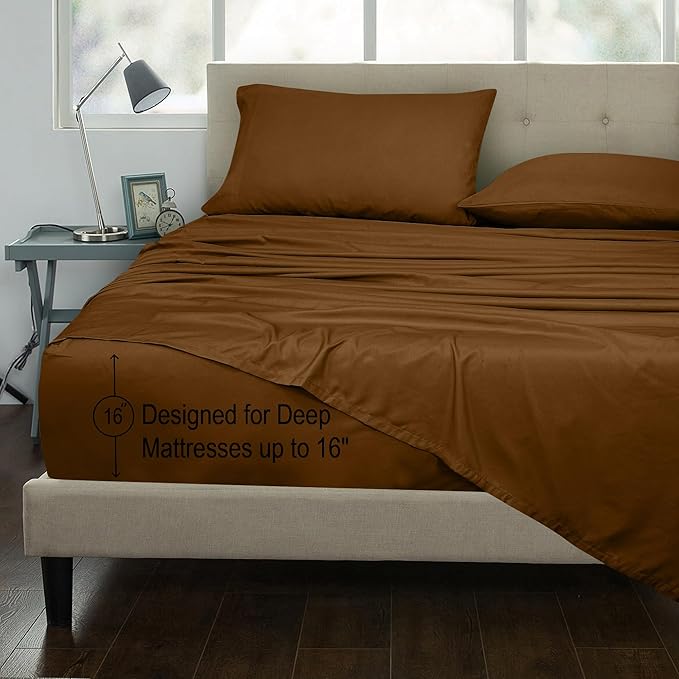 ROYALE LINENS 300 Thread Count 100% Long Staple Combed Cotton Sheet Set - 4 Piece Queen Bed Sheets - 1 Fitted, 1 Flat & 2 Pillow Cases - Soft Cool & Crisp Sheet Set (Queen, Chocolate)