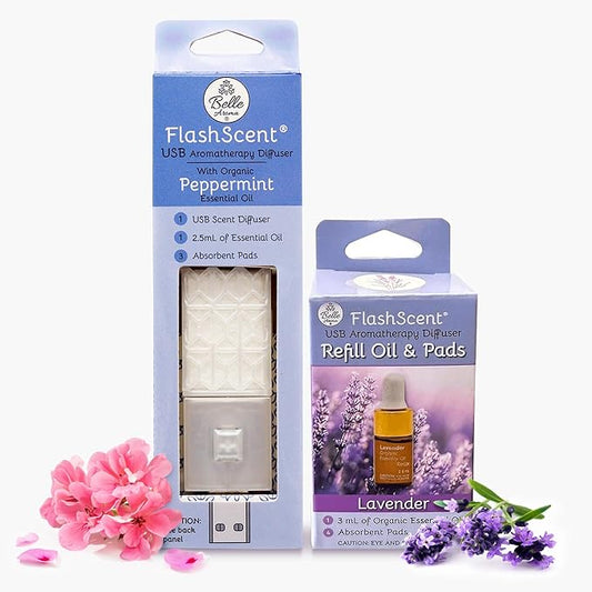 Belle Aroma® FlashScent™ USB Aromatherapy Bundle - for Car, Office, Home, and Travel - Includes 1 Serenity Blue Lavender Oil Diffuser Kit, 1 FlashScent Lavender Essential Oil, and 7 Refill Pads