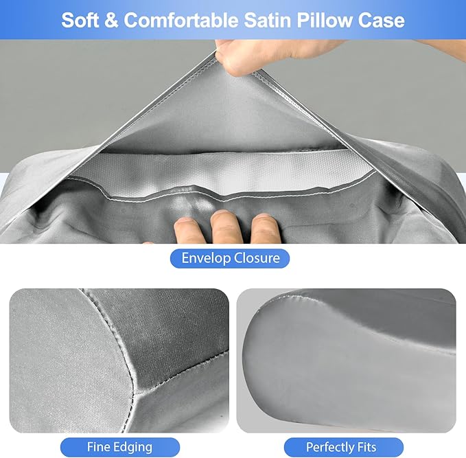 Satin Pillowcase for Contour Memory Foam Pillows, 20" x 12.6" x 4.1"/3.2" Cervical Pillow Case, Soft Covers with Envelop Closure (Grey)
