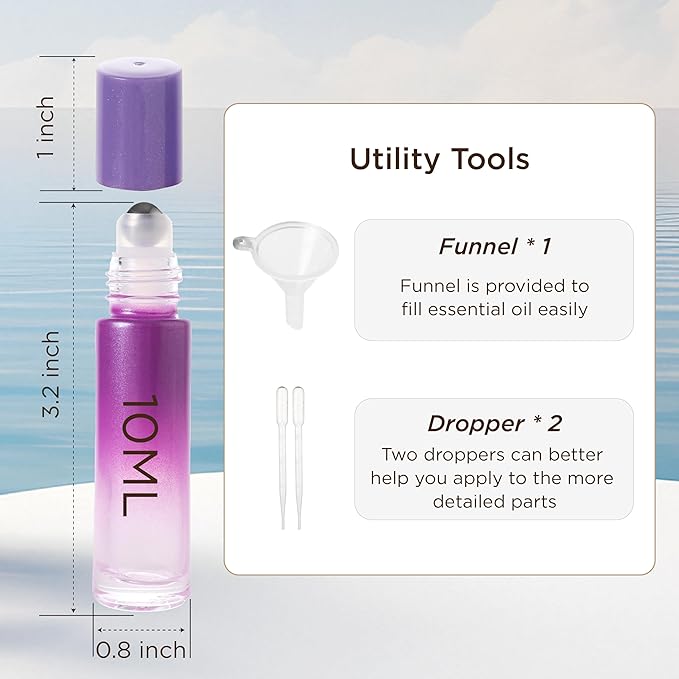 SESENSE Essential Oil Roller Bottles, 10ml Thick Glass Perfume Roller Bottles with Funnel Opener and Dropper Colored Glass Empty Bottles with Stainless Steel Roller Balls (Purple, 12 Pack)