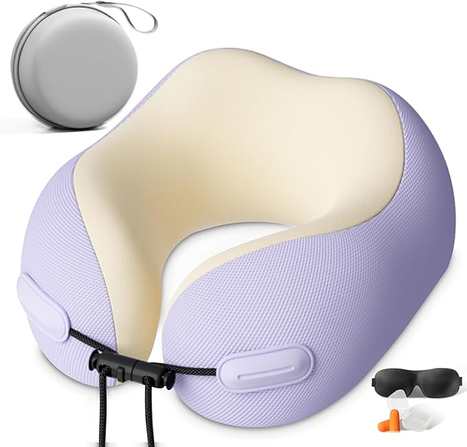 Cool Fly - Cool Colors Travel Neck Pillow Set. Cool Bright Fashion Pastel Colors. Luxury Memory Foam Airplane Adjustable Pillow. Cooling Silky Breathable Cover with Bonus Sleep mask, Purple-Beige