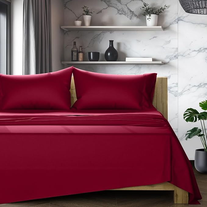TEXAS LINEN CO. 100% Egyptian Cotton Sheets California King Size Bed Set - Luxury 1200 Series Star Sleepin' Collection Cal King Sheet Set (4 PC, Burgundy), Cooling, Sateen, 17" Deep Pocket Bedsheet