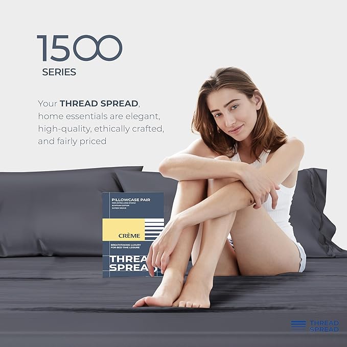 THREAD SPREAD 100% Egyptian Cotton Pillow Cases Queen Size Set of 4 - Luxury 1500 Series Queen Pillow Cases (Dark Grey), Soft Cooling Envelope Closure Hotel Quality Egyptian Cotton Pillowcases