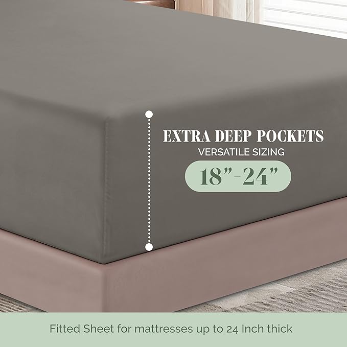 Elegant Comfort Luxurious 1500 Premium Hotel Quality Microfiber 4-Piece Sheet Set, 18-24 Inches Deep - Extra Deep Pocket Sheets - Ultra Soft 4PC Deep Pocket Sheets, Full, Gray