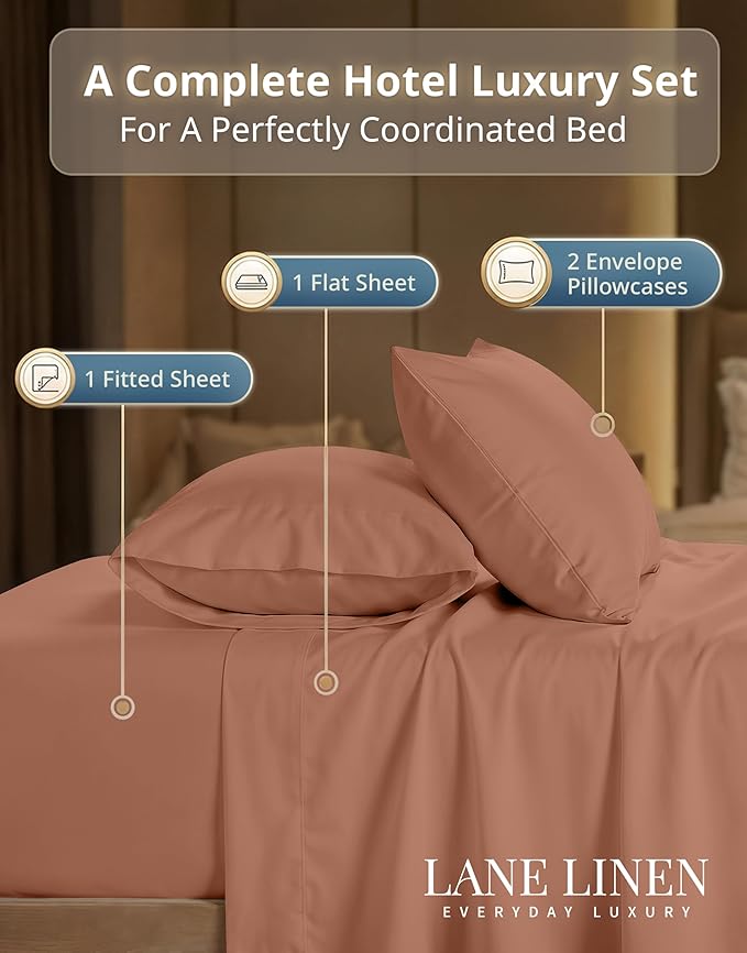 LANE LINEN 100% Cotton Full Size Breathable Sheets Set - Highly Durable 600 TC Sateen Weave - Extra Soft & Comfortable Bedding for a Good Night's Sleep - Fits Matresses Upto 15'' Deep - Rose Dawn