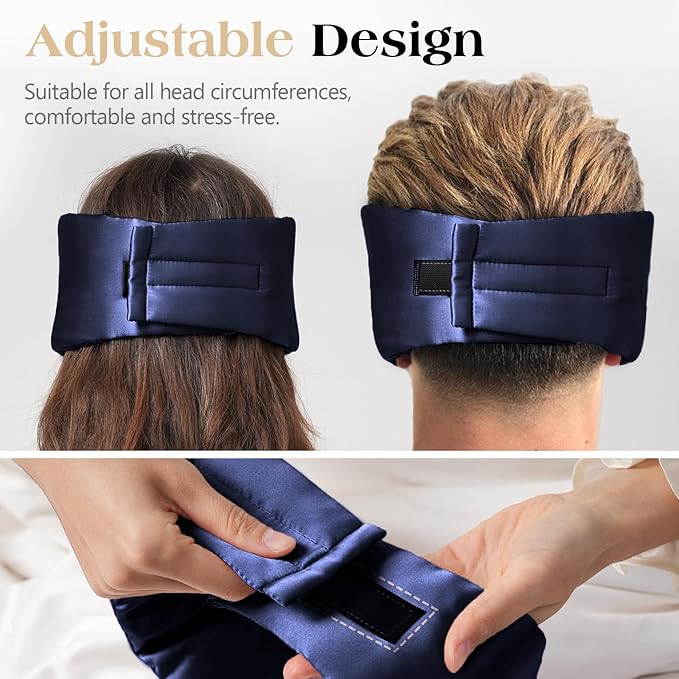 100% Natural Mulberry Silk Sleep Mask, Comfortable Soft for Deep Sleep, Blackout Effect, Wide Adjustable Band, Eye Mask for Women and Men. Ideal for Travel, Office, Daily(Navy Blue)