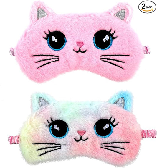 2 Pcs Plush Eye Mask Soft Sleeping Blindfold Eye Cover Comfortable Cute Animal Sleeping Mask Satin Nap Night Eyeshade Cover for Women Men Gift (Pink Muliticolor Cat Style)