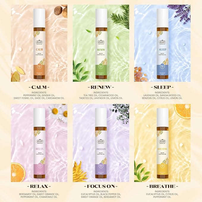 Essential Oils Roll On Set,Gifts for Mom & Wife (Calm, Relax, Breathe, Focus on, Sleep, Renew), Natural Aromatherapy Oil Blend Kit with Roller Ball for Massage, Body Skin Care, Relaxation Gift