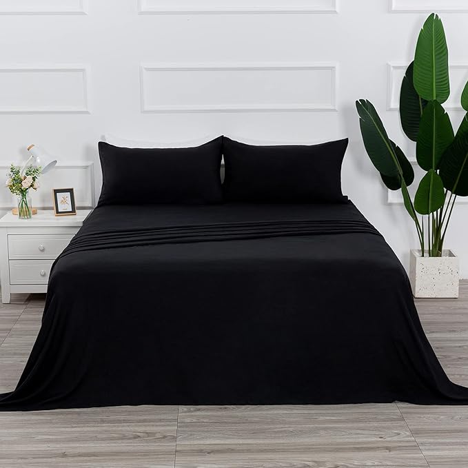 4 Piece Bed Sheet Set (Queen,Black) 1 Flat Sheet,1 Fitted Sheet and 2 Pillow Cases,Brushed Microfiber Luxury Bedding with Deep Pockets