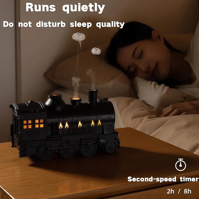 300ML Vintage Train Diffuser & Cool Mist Humidifier with Steam Effect, Remote Control, Dual Modes & Warm Blue LED Light (Gold, Without remote control)