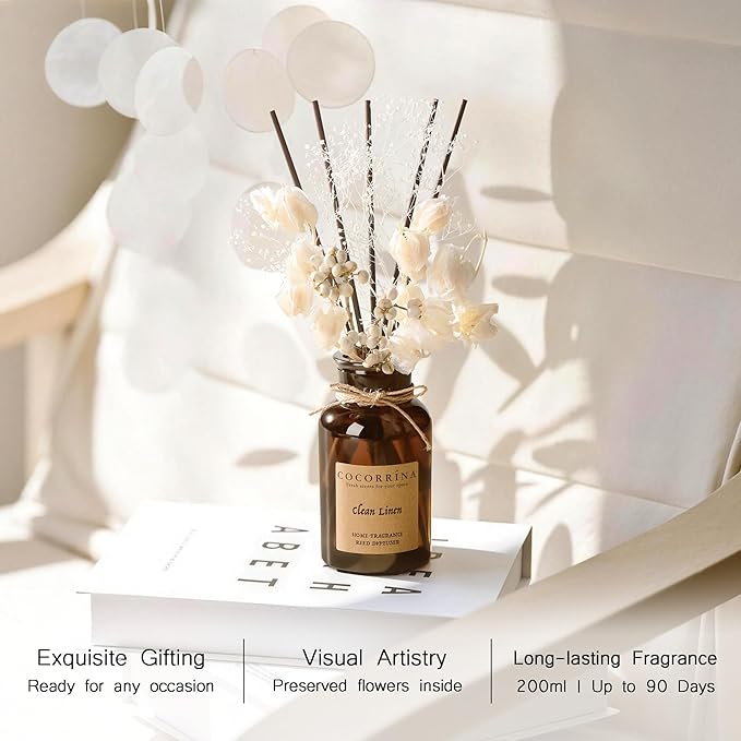 Cocorrína Reed Diffuser Set, 6.7oz Flower Reed Diffuser with Real Preserved Flowers - Clean Linen Scented Oil & Sticks - Long Lasting Home Fragrance for Bedroom Bathroom Shelf Decor