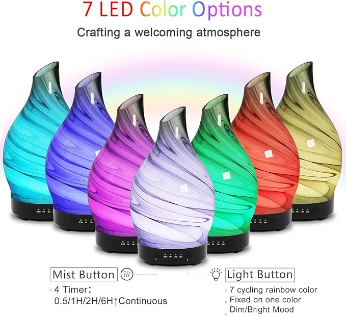 Essential Oil Diffuser 150ML, Glass Aromatherapy Diffuser with 4 Timer Settings & 7 Color Changing Lights, Waterless Auto Shut-Off, Ultra Quiet Oil Diffuser, Mothers Day for Home, Office, Yoga, Spa