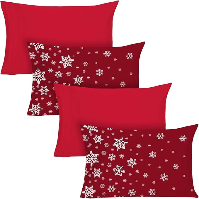YIYEA Christmas Pillow Cases Queen Size Set of 4, Ultra Soft Double Brushed Microfiber Red Pillowcases and Christmas Snowflake Pillow Covers, Envelope Closure, Fade Resistant (20"x30")