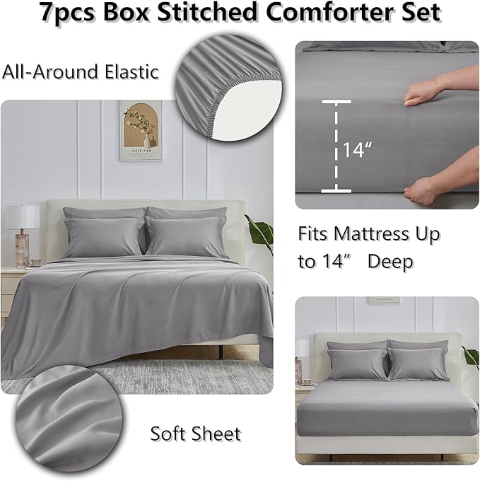CozyLux King Size Comforter Set Grey - 7 Pieces Bed in a Bag King, Okeo-Tex Certifited Bedding Set, All Season Soft Bed Set with Down Alternative Comforter, Sheets, Pillowcases & Pillow Shams