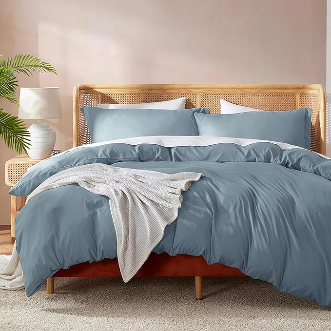 Nestl Queen Duvet Cover Set with Comforter Insert - Stone Blue 4 Piece 90x90 Duvet Cover & 2 Pillow Shams with White Quilted Down Alternative Comforter, Ultra Soft, All Season
