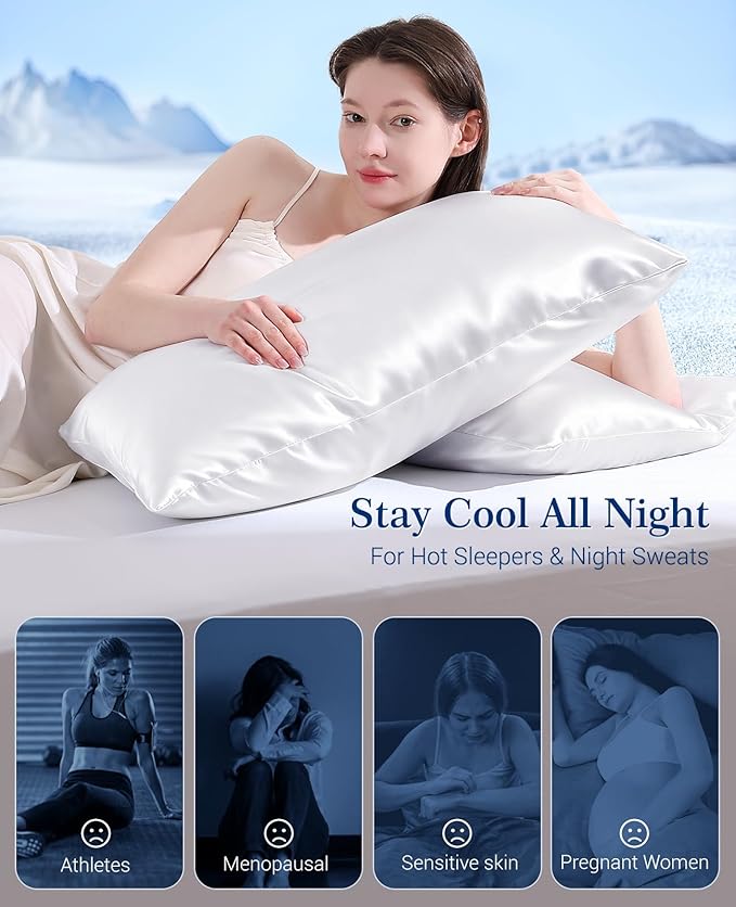 Elegear Cooling Pillow Cases Set of 2 for Hot Sleepers, Softer Than Silk Pillow Cases for Hair & Skin,Upgraded Arc-Chill Cooling Satin Pillowcases Q-max>0.5, Luxury Zipper Pillowcase Cover-Queen,White