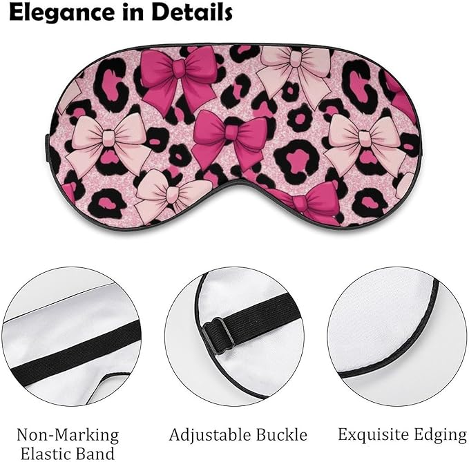 Pink Bows Leopard Print Sleep Mask Girls Sleeping Mask Elastic Blackout Sleeping Eye Mask for Full Night's Sleep Travel and Nap