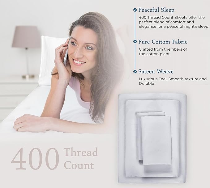 ROYALE LINENS 400 Thread Count 100% American Grown Cotton 3 Piece Sateen Twin Sheet Set - 1 Fitted Sheet, 1 Flat Sheet, 1 Pillow case - Silver Twin Bedsheet - Cotton Sheets - (Twin, Spanish Silver)