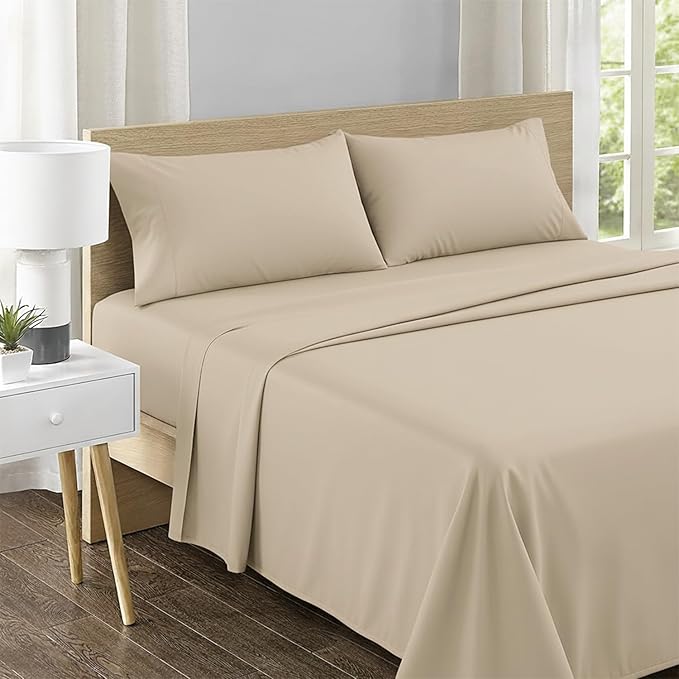 Feather & Stitch 500 TC Queen Size 4pc Damask Bed Sheet Set, 100% Soft Cotton Breathable Bedsheets, 18" Deep Pockets Sateen Weave Solid Bedding Mattress Resort Hotel Luxury Decor - (Champagne Beige)