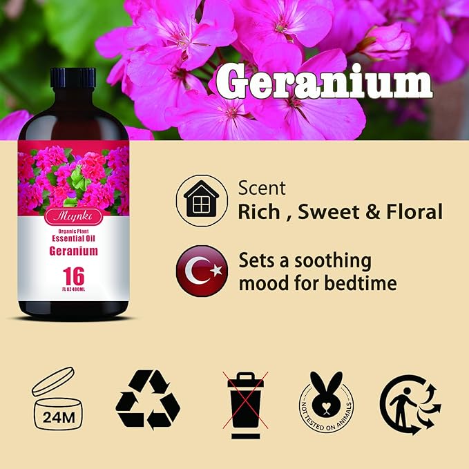 Geranium Essential Oil – MLYNKL Geranium Oils 16.33 fl oz for Diffusers, Humidifiers, Massage, DIY Candles, Soap, Cleaning, Home, Yoga, Office, Gifts - 490 ml