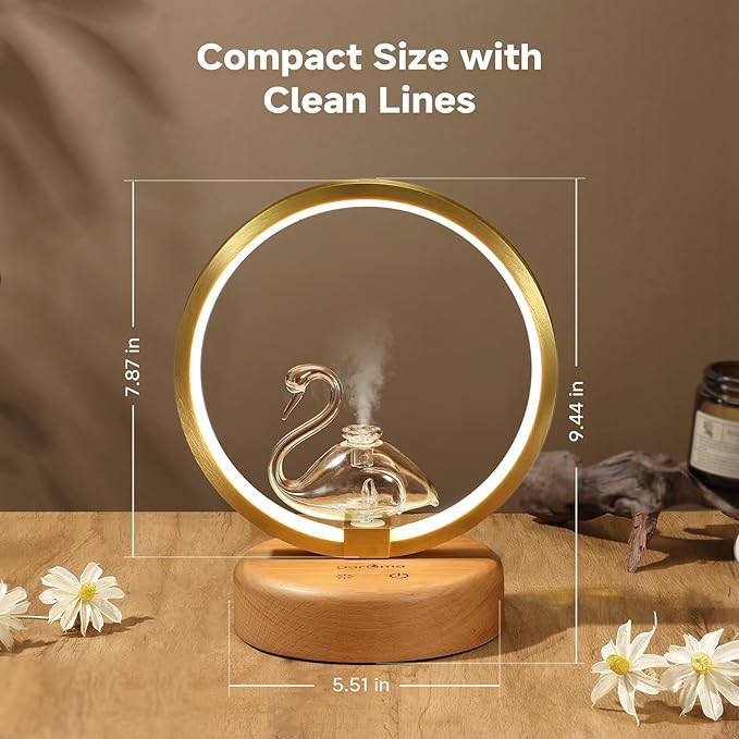 DAROMA Swan Handmade Glass and Wood Essential Oil Diffuser, Portable Waterless Metal Ring Aromatherapy Diffuser with Auto Off & Adjustable Mood Light, Ideal for Home, Office, Bedroom