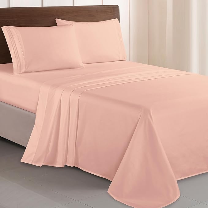 Elegant Comfort Luxurious 1500 Premium Hotel Quality Microfiber Three Line Embroidered Softest 4-Piece Bed Sheet Set, Wrinkle and Fade Resistant, Queen, Blush Pink