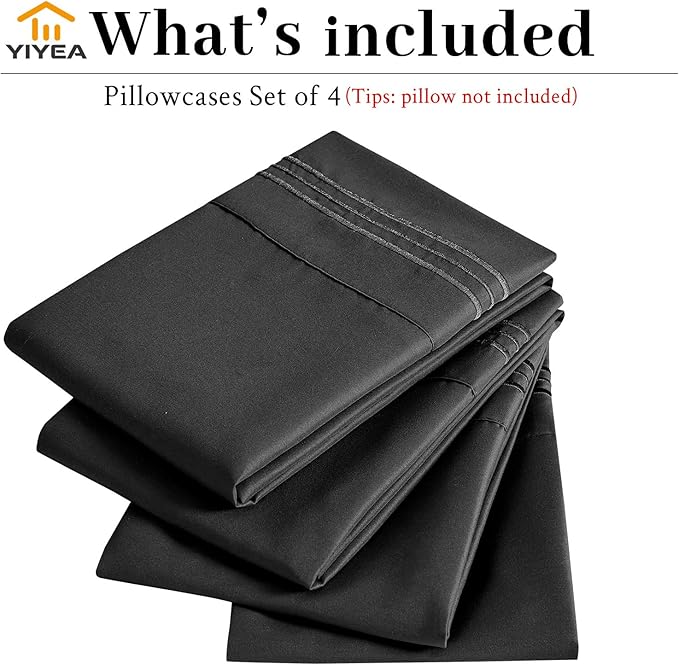 YIYEA California King Pillow Cases Set of 4, Ultra Soft 1800TC Hotel Quality Double Brushed Microfiber Embroidered Pillowcases, Envelope Closure, Fade Resistant (20"x40", Black)