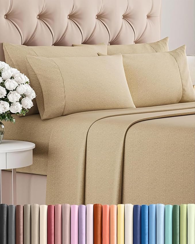 Cal King 6 Piece Sheet Set - Comfy, Breathable & Cooling - Soft Hotel Luxury Bedding for Women, Men, Kids, Teens & Children - 1 Flat & 1 Fitted Sheet & 4 Pillowcases w/ Deep Pockets - Heathered Tan