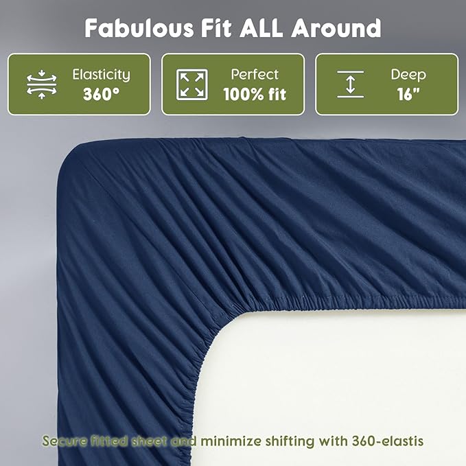SONORO KATE 100% Egyptian Cotton Sheets Queen Size - 600 Thread Count, Luxury Hotel Sateen Weave Bedding Set, Soft Breathable Sheet Sets, 16" Deep Pocket - 4 PC(Navy Blue,Queen)