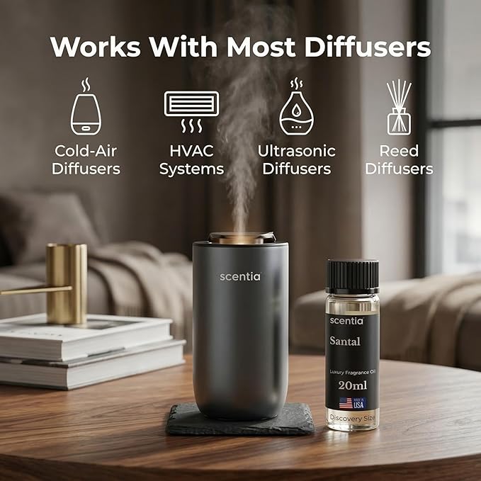 Scentia Santal Sandalwood Fragrance Oil for Diffusers – Luxury Woody Home Scent with Cardamom, Violet Leaf, Amber & Musk – Diffuser Oil for Ultrasonic, Cold Air & Waterless Diffusers – 20 ml