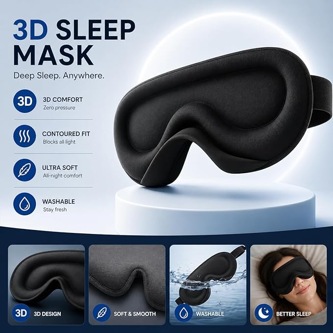 Luxury Travel & Sleep Eye Mask – Ultra 3D Comfort, Zero‑Pressure Fit, Complete Light Blocking for Deep Sleep, Dry Eye Relief Perfect for Men Women and Sensitive Sleepers, Soft Eye Cover, Black