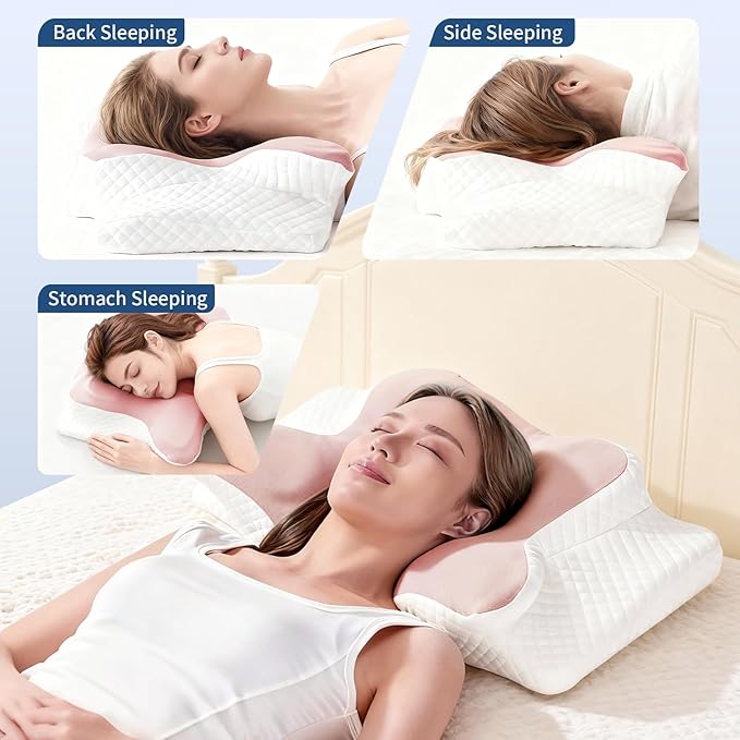 Neck Pillow for Pain Relief, Cooling Cervical Pillow for Sleeping, Contour Orthopedic Memory Foam Pillows for Back Stomach Sleepers (Pink)