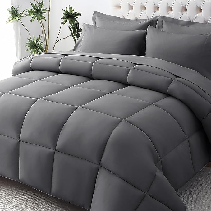 JOLLYVOGUE Twin Comforter Set, Ultra-Soft Bed in a Bag Twin Size 5 Pieces, Oeko-TEX Certified Bedding Set with Down Alternative Comforter, Sheets, Pillowcases & Shams, Dark Grey