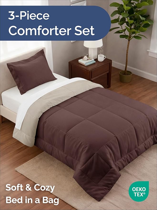 Twin Comforter Set - 2 Piece Bed Set for All Seasons - 1 Soft Quilted Comforter with Corner Tabs & 1 Pillow Sham - Comfy and Breathable - Premium Down Duvet Insert - Oeko-TEX - Twin Size, Brown/Beige
