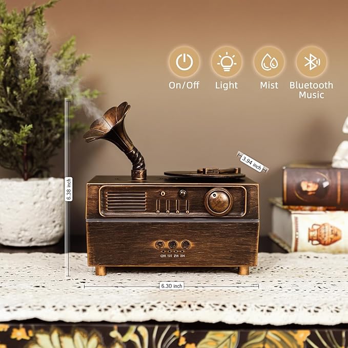 Daroma Essential Oil Diffuser, Retro Phonograph Design with Music Player, 7-Color LED Lights, Low-Noise Aromatherapy Humidifier for Home Office, Unique Gift Idea (Bronze)