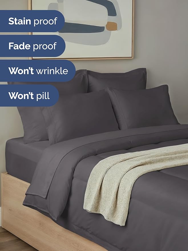 King Comforter Set - 7 Piece Bed in a Bag King Size Bed Set - Down Alternative Comforter, Flat Sheet, Fitted Sheet, Pillowcase & Shams for All Seasons - Ultra Soft, Comfy and Breathable - Dark Grey