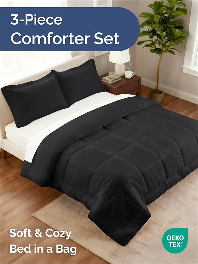 King Comforter Set - 3 Piece Bed Set for All Seasons - 1 Soft Quilted Comforter with Corner Tabs & 2 Pillow Shams - Comfy, Cozy & Breathable - Premium Down Duvet Insert - Oeko-TEX - King Size, Black