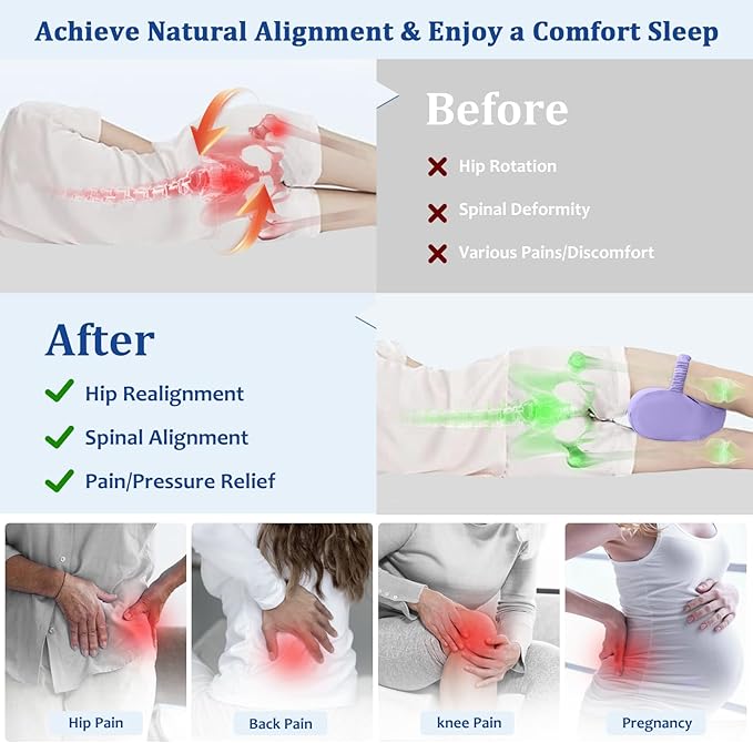 KingPavonini Cooling Knee Pillow for Side Sleepers Hip Pain, Memory Foam Leg Pillow for Side Sleeping with Strap, Ergonomic Hip Pillow for Spine Aligning, Back Pain, Knee Pain, Sciatica, Pregnancy