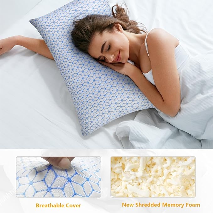 Love Attitude Shredded Memory Foam Pillows Queen Size Set of 2, Cooling Firm Pillows Queen Size 2 Pack for Bed, Adjustable for Side Back Stomach Sleepers