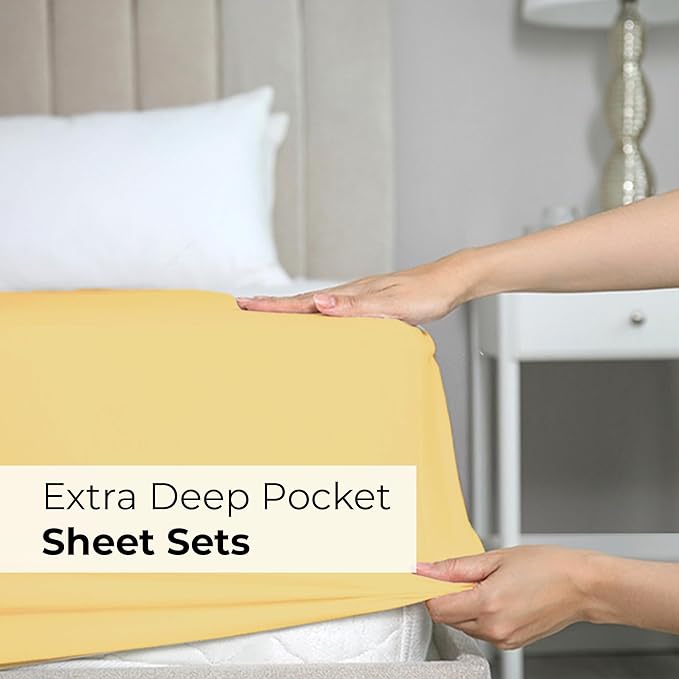 Extra Deep King Sheet Set - 4 Piece Breathable & Cooling Bed Sheets - Easily Fits 18 to 24 inch Mattress - Ultra Soft, Wrinkle & Fade Free w/ Extra Deep Pockets - Comfy Hotel Luxury Bedding - Yellow