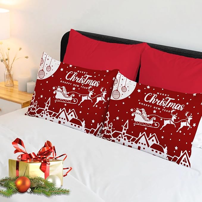 YIYEA Christmas King Size Pillow Cases Set of 4, Ultra Soft Double Brushed Microfiber Red Pillowcases and Christmas Pillow Covers, Envelope Closure, Fade Resistant (20"x36")