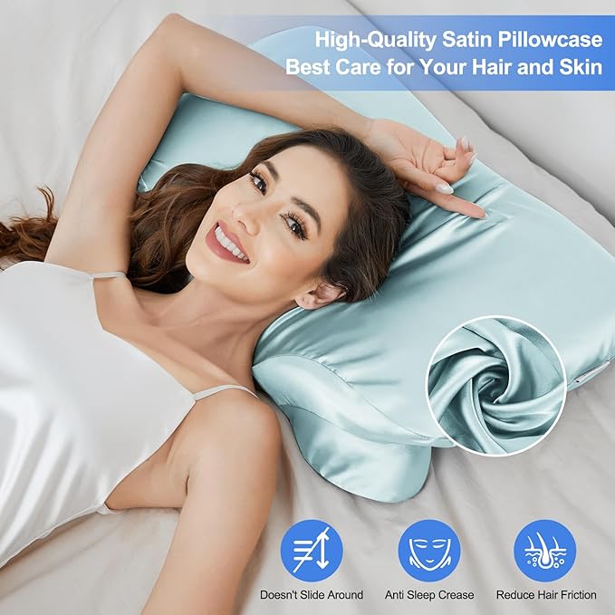 Satin Pillowcase for Cervical Pillow, Ergonomic Case, Smooth & Silky Soft Sleeping Pillowcase, Light Blue Pillow Cover with Zipper