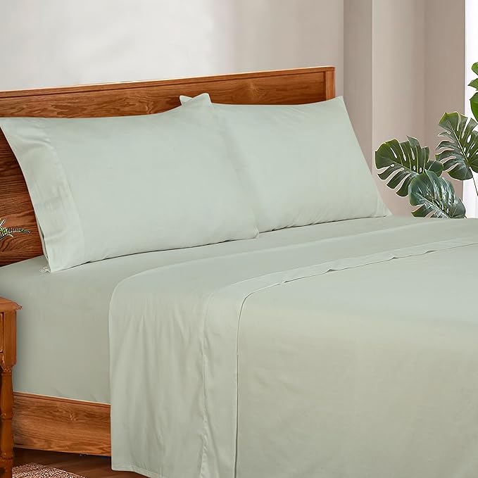 ROYALE LINENS 300 Thread Count 100% Long Staple Combed Cotton Sheet Set - 4 Piece Queen Bed Sheets - 1 Fitted, 1 Flat & 2 Pillow Cases - Soft Cool & Crisp Sheet Set (Queen, Sage)